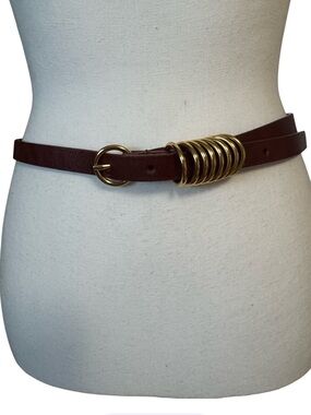 Vintage Multi-Ring Keeper Leather Belt Gold Stacked Ring Statement Belt Size Med
